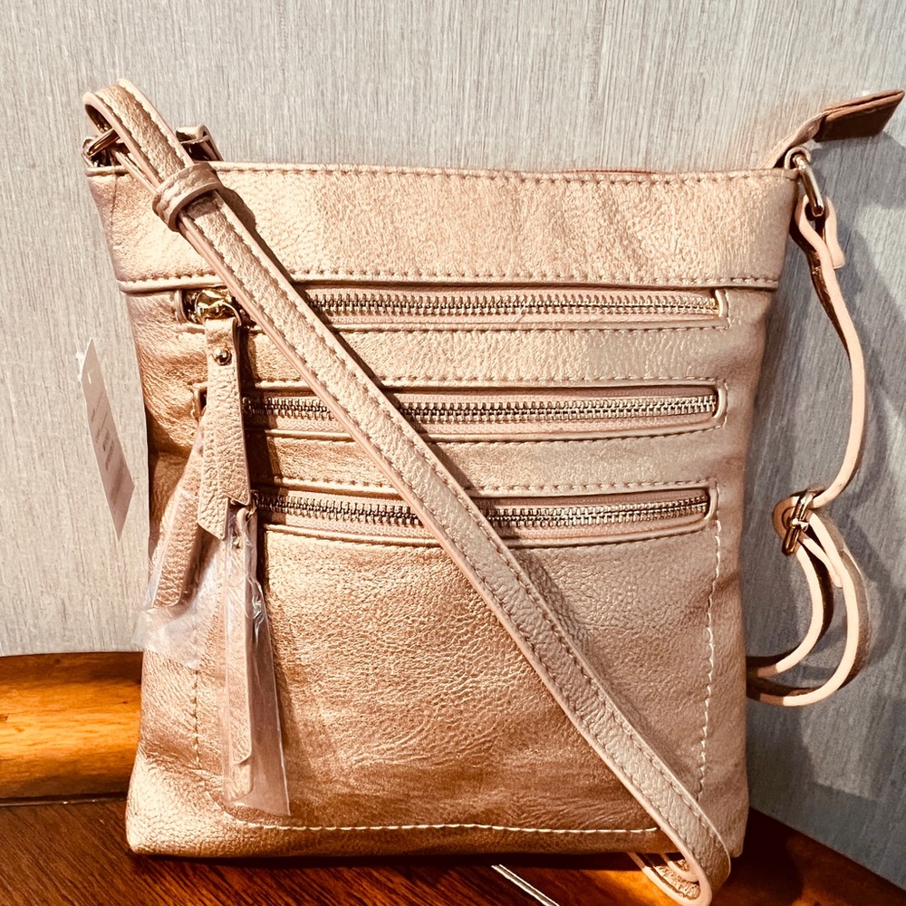 Compact Metallic Rose Gold Crossbody Bag with Front Zip Pockets